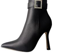 Black satin boots with diamonte design