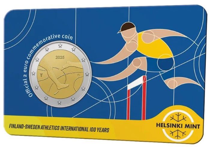Finland 2 Euro Commemorative Coin 2025 - 100 Years of Finland - Sweden Athletics International BU. Coincard.