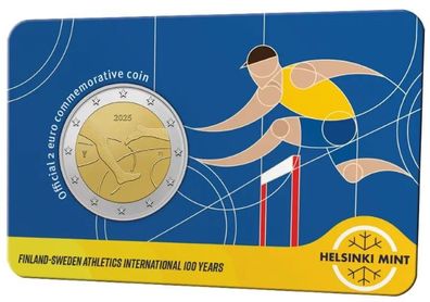 Finland 2 Euro Commemorative Coin 2025 - 100 Years of Finland - Sweden Athletics International BU. Coincard.