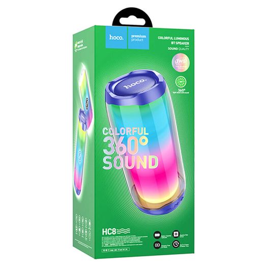 Hoco HC8 - Pulsating Colrful Luminous Wireless Speaker, Bluetooth V5.0, Battery Capacity: 1800mAh, Music Time Up To: 4 Hours, Support Bluetooth, FM, TF card, U disk, TWS, AUX - Black