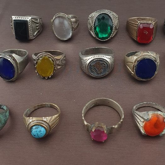 Antique Brass Rings Lot of 15 Mixed Gemstone & Glass Collectible Rings