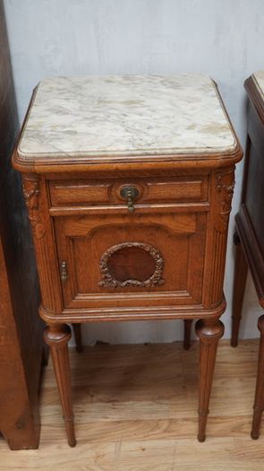 Pair of Antique French Oak Marble-Top Bedside Cabinets