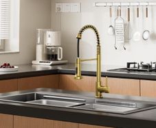 Gold Kitchen Mixer Tap with Pull-Out Spray, 2-Function Spring Faucet, 360 Swivel High-Arc Design, Hot & Cold Water