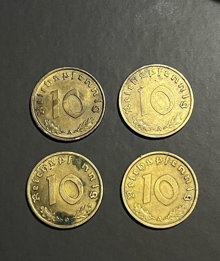 4 WWII-Era 10 Reichspfennig Coins, Nazi coins