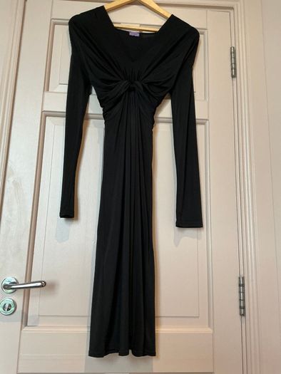 Ingenue black long sleeve v neck midi dress - twist front detail