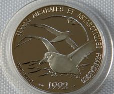 France 5 Francs 1992, Dumont d Urville Antarctic Explorer Albatross Silver Proof