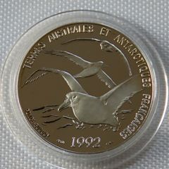 France 5 Francs 1992, Dumont d Urville Antarctic Explorer Albatross Silver Proof