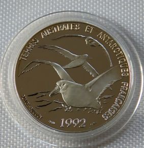 France 5 Francs 1992, Dumont d Urville Antarctic Explorer Albatross Silver Proof