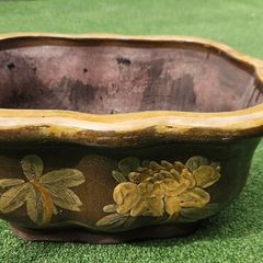 Vintage Chinese Glazed Ceramic Planter  Multi Sided Bird & Floral Motif