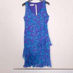 Tricoville Vintage Purple Blue Floral Tiered Ruffle Midi Dress 10UK/38EU