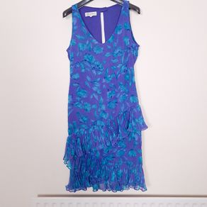 Tricoville Vintage Purple Blue Floral Tiered Ruffle Midi Dress 10UK/38EU