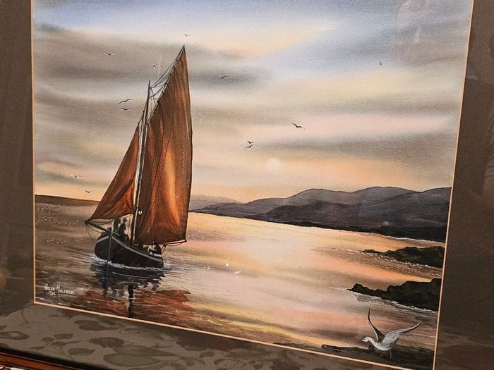 Original Painting , Watercolour by Helen Mulkerns (1996) - Galway Hooker at Sunset