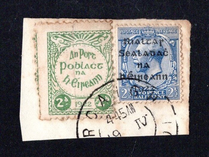 1922 Ireland IRA Post 2d Green Perf 11 used on piece with 2.5d Dollard 5 line overprint stamp with Corcaigh cds