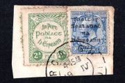 1922 Ireland IRA Post 2d Green Perf 11 used on piece with 2.5d Dollard 5 line overprint stamp with Corcaigh cds