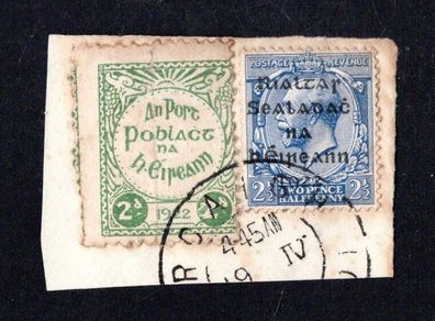 1922 Ireland IRA Post 2d Green Perf 11 used on piece with 2.5d Dollard 5 line overprint stamp with Corcaigh cds