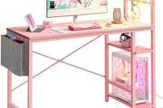 113CM Corner Computer Desk with Power Outlets Computer Desk with LED Lights Reversible Writing Table with Side Pocket Storage Bag &amp; Accessories Hanger for Home Office Small Space