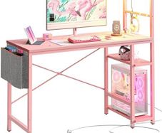 113CM Corner Computer Desk with Power Outlets Computer Desk with LED Lights Reversible Writing Table with Side Pocket Storage Bag & Accessories Hanger for Home Office Small Space