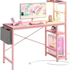 113CM Corner Computer Desk with Power Outlets Computer Desk with LED Lights Reversible Writing Table with Side Pocket Storage Bag & Accessories Hanger for Home Office Small Space