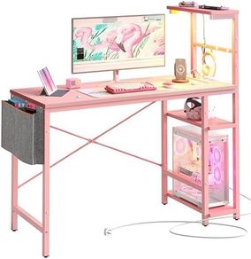 113CM Corner Computer Desk with Power Outlets Computer Desk with LED Lights Reversible Writing Table with Side Pocket Storage Bag & Accessories Hanger for Home Office Small Space