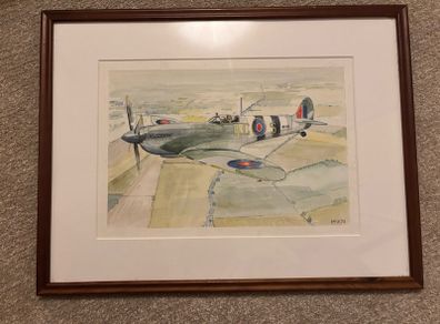 Vintage Original Watercolour Painting of Spitfire
