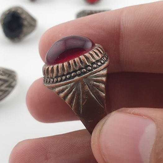 Lot of 15 Antique Tribal Style Brass Rings Mixed Stone & Colourful Glass