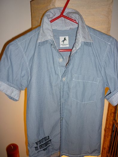 Boys Fine striped blue and white shirt with double collar 7-8 years