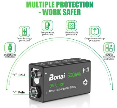 BONAI Rechargeable 9V Batteries 600mAh High Capacity 9V Rechargeable Batteries,(4 Pack)