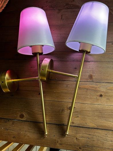 2 Brass Wall Lamps with Colour-Changing Rechargeable Bulbs (No Wiring Needed)