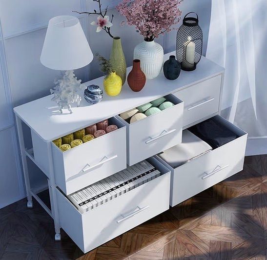 Dresser for Bedroom with 5 Fabric Drawers, TV Stand with 4 Castors, Storage Organizer Unit for Living Room Kids Room (White)