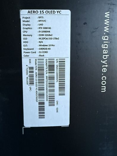 Creator/gaming laptop Gigabyte AERO 15 OLED YC  i9 / RTX 3080 / 4K OLED / 64GB RAM