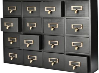 Cabinet with Drawers - 16 Vintage Drawers, Card Catalog Cabinet, Black Wooden
