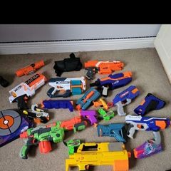 nerf gun collection including all bullets needed
