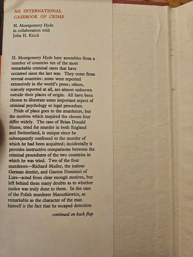 An International Casebook Of Crime. By H Montgomery Hyde With John H. Kisch. First Edition Hardback With Dustjacket In Good Condition.  See Photos For Same.