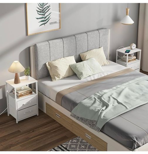 Bedside Table with Charging Station, Side Table with 2 USB Ports and Outlets, Nightstand with Cloth Drawer, Set of 2, End Table, White