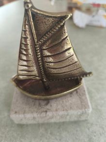 Vintage from the 1970s Brass yacht, retro brass boat, brass figurine on marble plinth. could be uesed as Ashtray ,  Paperweight, orTrinket Holder