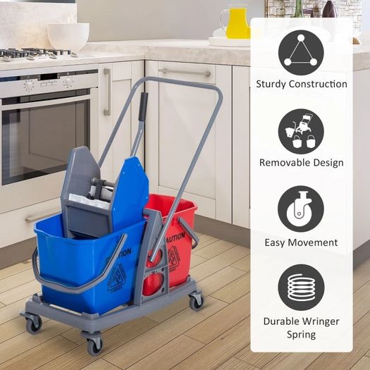 Washing Cart Professional Cleaning Cart Jaw Press 2 Buckets 25 L 73L x 45W x 92H cm Plastic Gray Blue Red