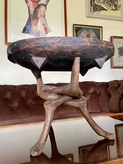 Unique Vintage Wooden African Tribal Art Decor Hand made bowl on Tripod folding Stand