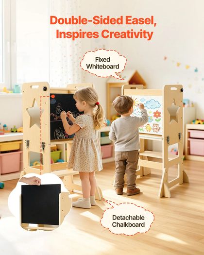 Toddler Tower, Wooden, 6 in 1 Kitchen Step Stool for Kids 1-5, Montessori Weaning Table and Chair Set