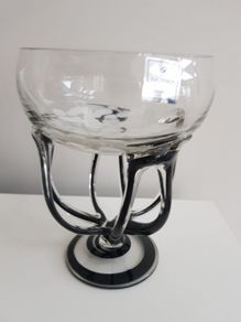 Duiske Hand Cut Blue Glass Pedestal Dish Retro Irish Cut Glass Bowl / Vase 7" Collectable.
