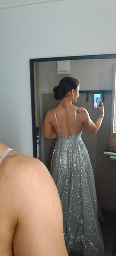 Stunning silver low back formal dress with lace & glitter detail