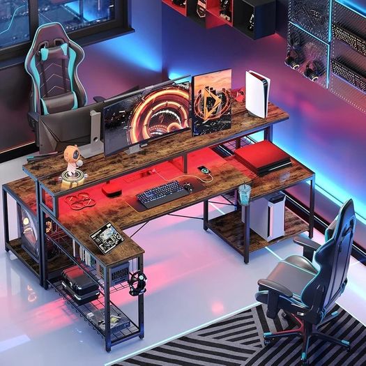 181CM L Shaped Corner Desk with Power Outlets LED Lights Gaming Desk with Long Monitor Stand Large Computer Desk with Storage Shelf Cup Holder Headset Hooks Ideal for Gaming Room