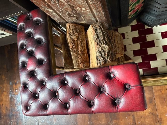 Vintage Chesterfield fireplace fender seat - brass and red leather