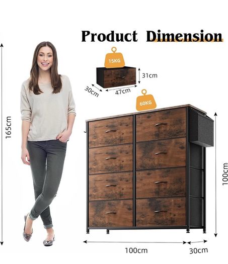 Fabric Chest of Drawers - Canvas Storage Unit with 8 Large Drawers Label Cards, Side Pocket & Hook for Living Room, Hallway, Bedroom