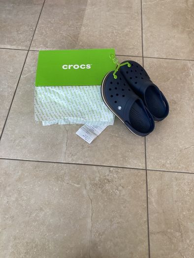 Crocs (Crocband) - navy with brown and white band  (Men's U.K. size 10).