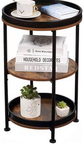 Industrial Nordic End Table, 3-Tier Round Side Table with Storage Shelf Edge Protection Tray, Sturdy Metal Frame Coffee Table Bedside Table for Living Room Bedroom Small Spaces MULTIPLE COLOURS AVAILABLE (FREE POSTAGE)