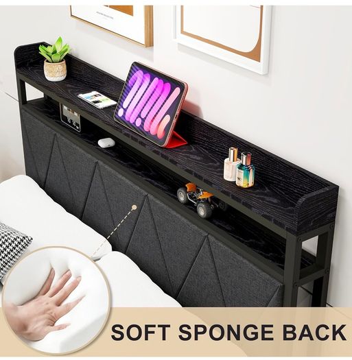 4ft6 Double Size Bed Frame with LED Lights Storage Upholstered Headboard and Charging Station, Solid Metal Platform Bed Double Size, No Box Spring Needed, Noise Free