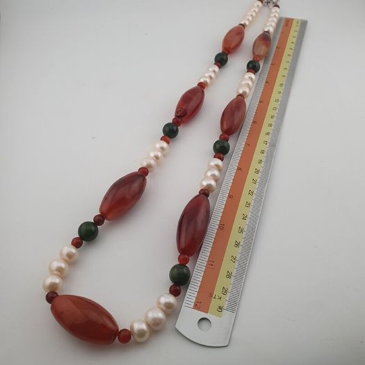 Vintage African Carnelian Statement Necklace with Genuine Pearls & Green Jade Beads