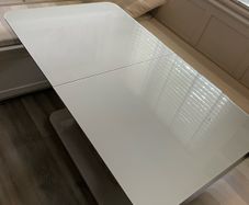 tempered glass extendable  table, driftwood colour base