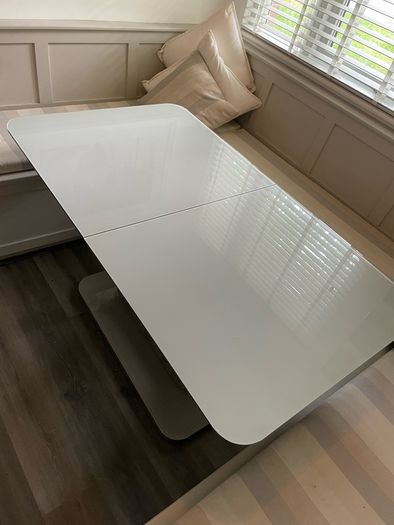 tempered glass extendable  table, driftwood colour base