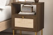 Rattan Bedside Table, Farmhouse Wood Nightstand with Storage Drawer and Open Shelf Small Bedside Cabinet for Bedroom,Living Room,Office Walnut Brown